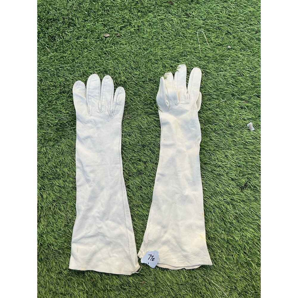 Vintage White Leather Opera Gloves Size 7.5 Long Formal Evening Bridal Pair